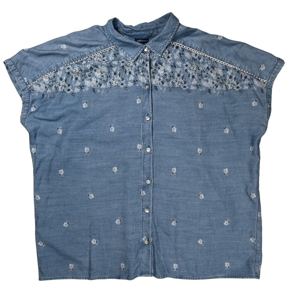 New J Jill Denim Women's Embroidered Chambray Button Up Shirt Blue‎ Sz L Floral